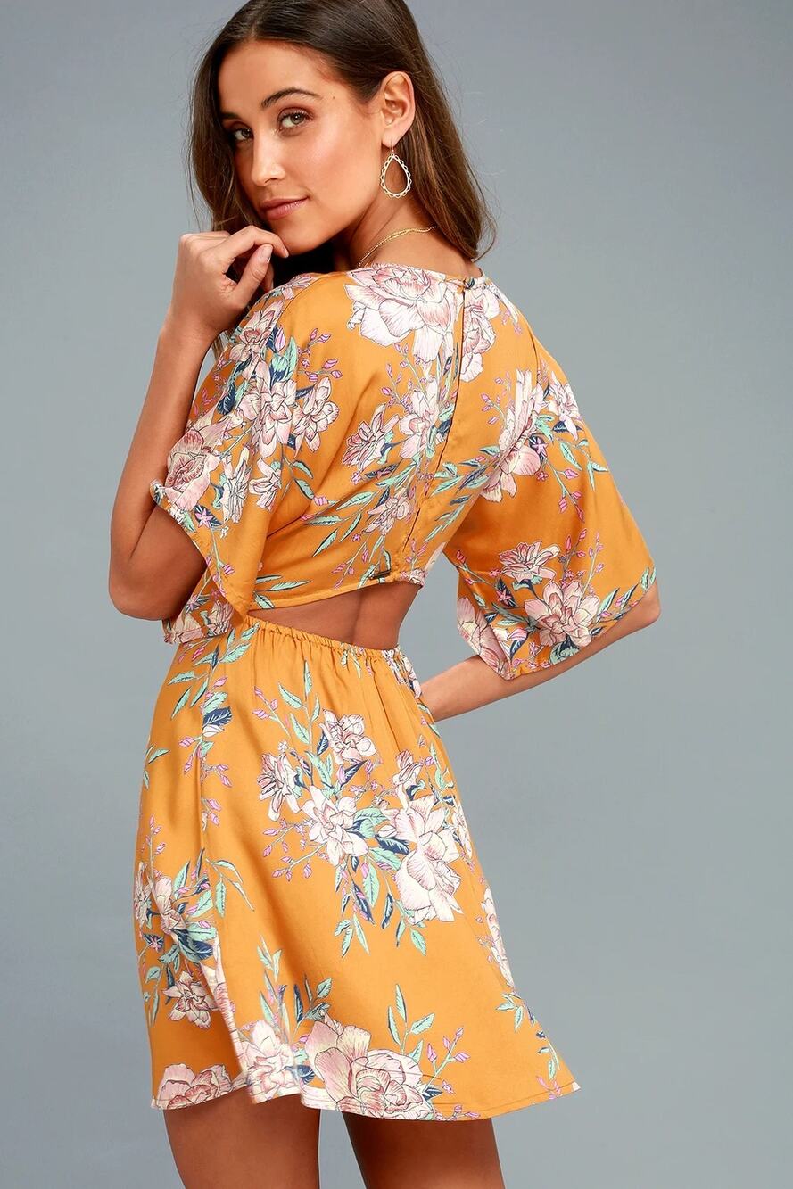 Billabong Light Golden Yellow Floral Print Cut Out Short Sleeve Mini Dress S
